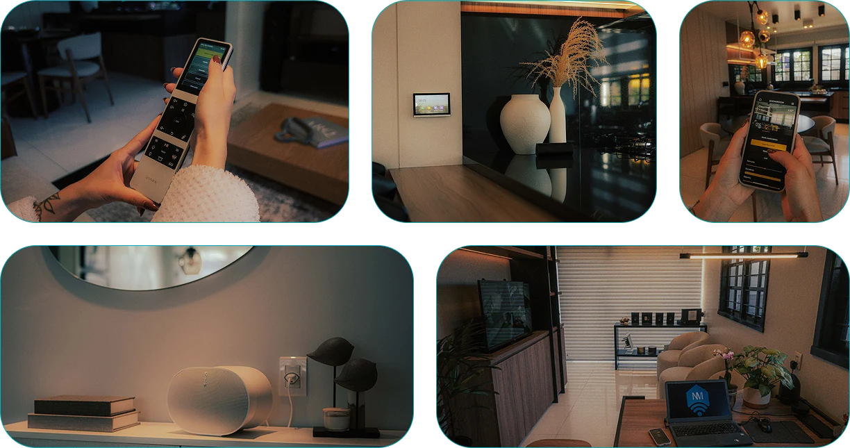 Soluções integradas de automação residencial controladas por celular, painel e dispositivos inteligentes